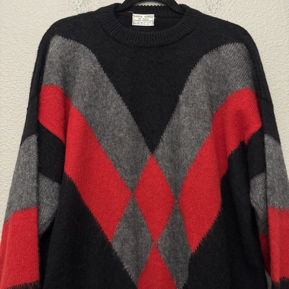100% Alpaca Sweater Black Red Gray Argyle Peru Knit Pullover Danna Sonko - Picture 3 of 10